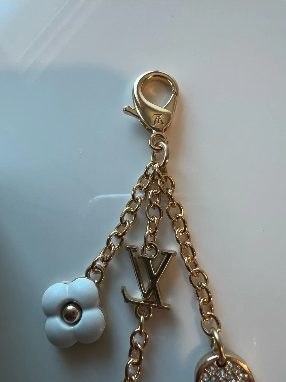 Gold and White Charm Keychain with Floral and Pavé Accents